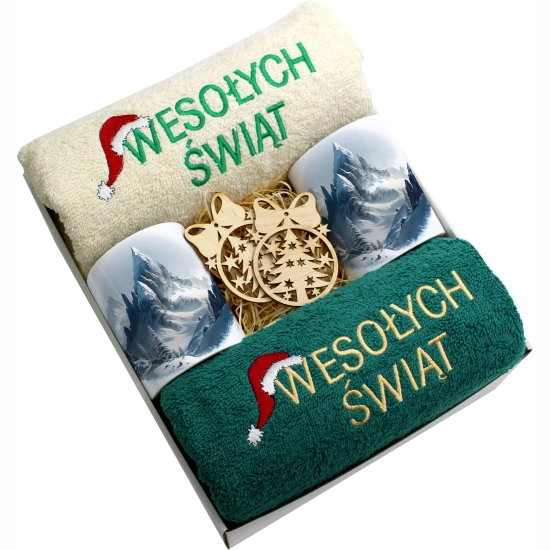 ZESTAW PREZENT ŚWIĄTECZNY KOMPLET KUBKI RĘCZNIKI ŚWIĘTA MIKOŁAJ POD CHOINKĘ