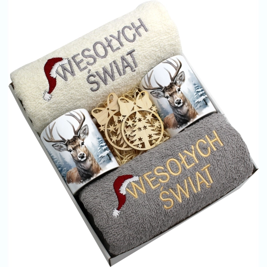 ZESTAW PREZENT ŚWIĄTECZNY KOMPLET KUBKI RĘCZNIKI ŚWIĘTA MIKOŁAJ POD CHOINKĘ