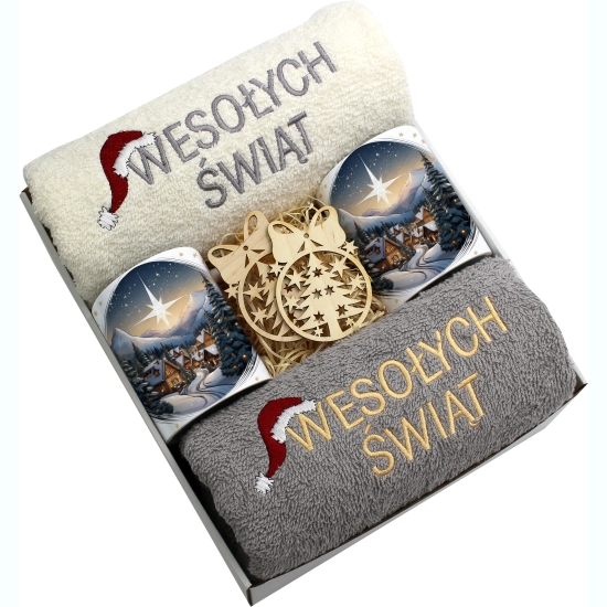 ZESTAW PREZENT ŚWIĄTECZNY KOMPLET KUBKI RĘCZNIKI ŚWIĘTA MIKOŁAJ POD CHOINKĘ