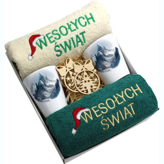ZESTAW PREZENT ŚWIĄTECZNY KOMPLET KUBKI LATTE RĘCZNIKI ŚWIĘTA MIKOŁAJ