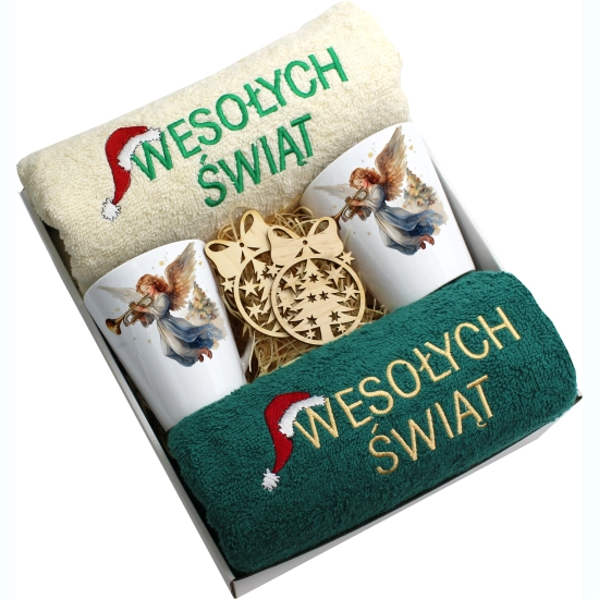 ZESTAW PREZENT ŚWIĄTECZNY KOMPLET KUBKI LATTE RĘCZNIKI ŚWIĘTA MIKOŁAJ