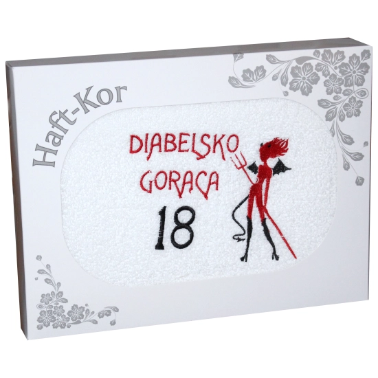 RĘCZNIK 70x140 Z HAFTEM NA PREZENT 18 URODZINY DIABELSKO GORĄCA OSIEMNASTKA