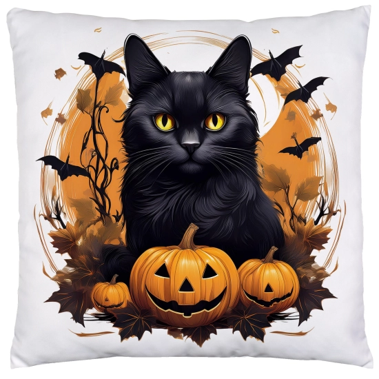 POSZEWKA DEKORACYJNA 40x40 JASIEK OZDOBNA HALLOWEENOWA HALLOWEEN DYNIA CZARNY KOT NIETOPERZE
