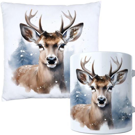 ŚWIĄTECZNY KOMPLET PODUSZKA 40x40 I KUBEK NA ŚWIĘTA MIKOŁAJ RENIFER PREZENT