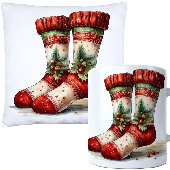 ŚWIĄTECZNY KOMPLET PODUSZKA 40x40 I KUBEK NA ŚWIĘTA MIKOŁAJ RENIFER PREZENT