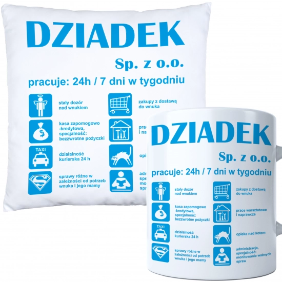 KOMPLET PREZENT DLA DZIADKA PODUSZKA 40x40 KUBEK 330ml DZIADEK ZESTAW