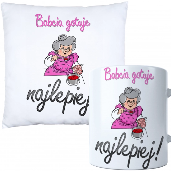 KOMPLET PREZENT DLA BABCI PODUSZKA 40x40 KUBEK 330ml BABCIA ZESTAW
