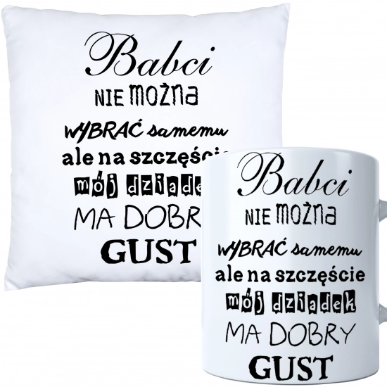 KOMPLET PREZENT DLA BABCI PODUSZKA 40x40 KUBEK 330ml BABCIA ZESTAW
