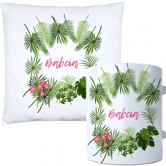 KOMPLET PREZENT DLA BABCI PODUSZKA 40x40 KUBEK 330ml BABCIA ZESTAW