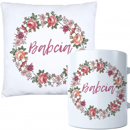 KOMPLET PREZENT DLA BABCI PODUSZKA 40x40 KUBEK 330ml BABCIA ZESTAW