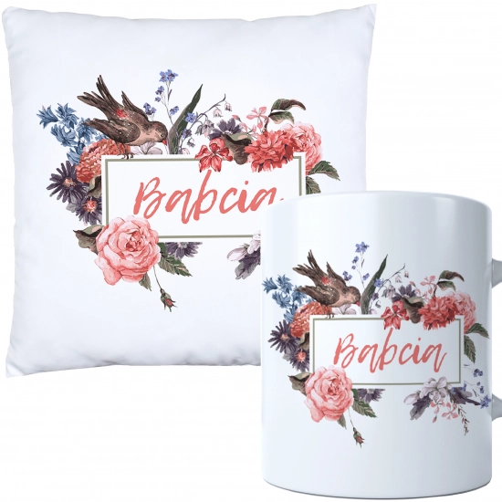 KOMPLET PREZENT DLA BABCI PODUSZKA 40x40 KUBEK 330ml BABCIA ZESTAW
