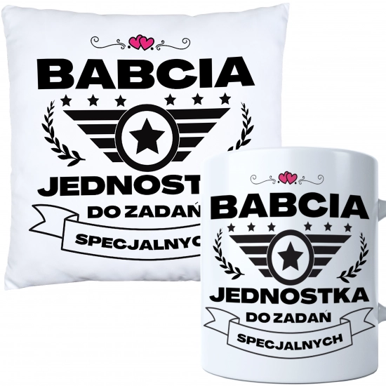 KOMPLET PREZENT DLA BABCI PODUSZKA 40x40 KUBEK 330ml BABCIA ZESTAW