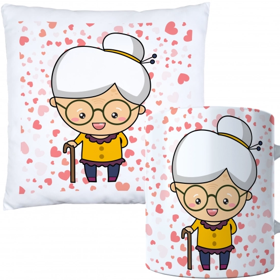 KOMPLET PREZENT DLA BABCI PODUSZKA 40x40 KUBEK 330ml BABCIA ZESTAW