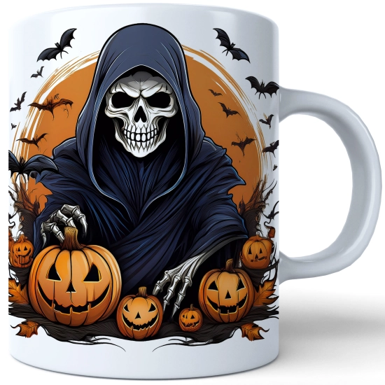 HALLOWEENOWY KUBEK 330ml NA HERBATĘ KAWĘ NA PREZENT ŚMIERĆ KOSTUCHA KOŚCIOTRUP ZOMBIE DYNIE NIETOPERZE