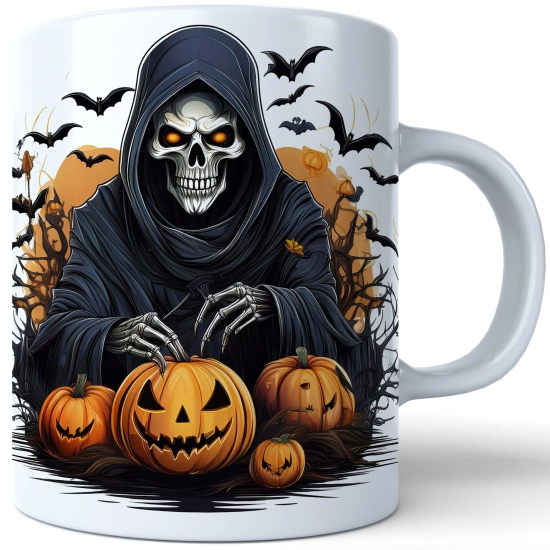 HALLOWEENOWY KUBEK 330ml NA HERBATĘ KAWĘ NA PREZENT ŚMIERĆ KOSTUCHA KOŚCIOTRUP ZOMBIE DYNIE NIETOPERZE