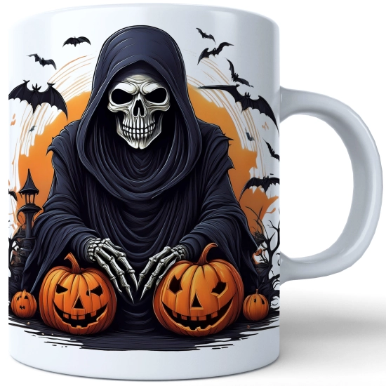 HALLOWEENOWY KUBEK 330ml NA HERBATĘ KAWĘ NA PREZENT ŚMIERĆ KOSTUCHA KOŚCIOTRUP ZOMBIE DYNIE NIETOPERZE