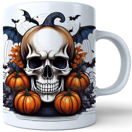 HALLOWEENOWY KUBEK 330ml NA HERBATĘ KAWĘ NA PREZENT KOŚCIOTRUP CZASZKA DYNIE NIETOPERZE