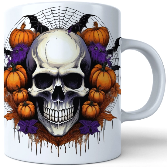 HALLOWEENOWY KUBEK 330ml NA HERBATĘ KAWĘ NA PREZENT KOŚCIOTRUP CZASZKA DYNIE NIETOPERZE