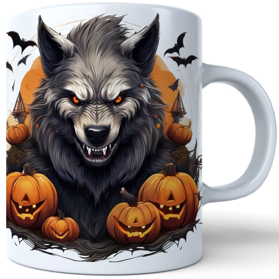 HALLOWEENOWY KUBEK 330ml NA HERBATĘ KAWĘ NA PREZENT WILKOŁAK DYNIE NIETOPERZE
