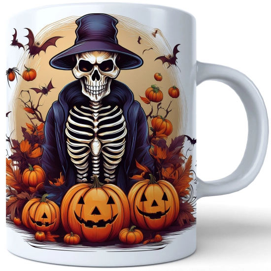 HALLOWEENOWY KUBEK 330ml NA HERBATĘ KAWĘ NA PREZENT KOŚCIOTRUP KOSTUCHA DYNIE NIETOPERZE