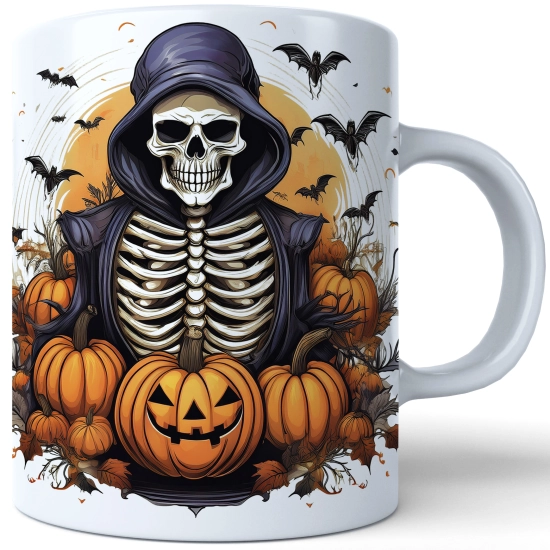 HALLOWEENOWY KUBEK 330ml NA HERBATĘ KAWĘ NA PREZENT KOŚCIOTRUP KOSTUCHA DYNIE NIETOPERZE