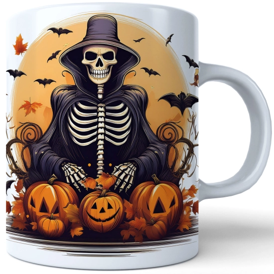 HALLOWEENOWY KUBEK 330ml NA HERBATĘ KAWĘ NA PREZENT KOŚCIOTRUP KOSTUCHA DYNIE NIETOPERZE