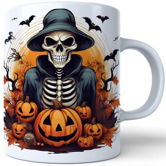 HALLOWEENOWY KUBEK 330ml NA HERBATĘ KAWĘ NA PREZENT KOŚCIOTRUP KOSTUCHA DYNIE NIETOPERZE