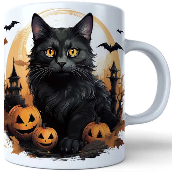 HALLOWEENOWY KUBEK 330ml NA HERBATĘ KAWĘ NA PREZENT CZARNY KOT STRASZNY DWÓR DOM ZAMEK