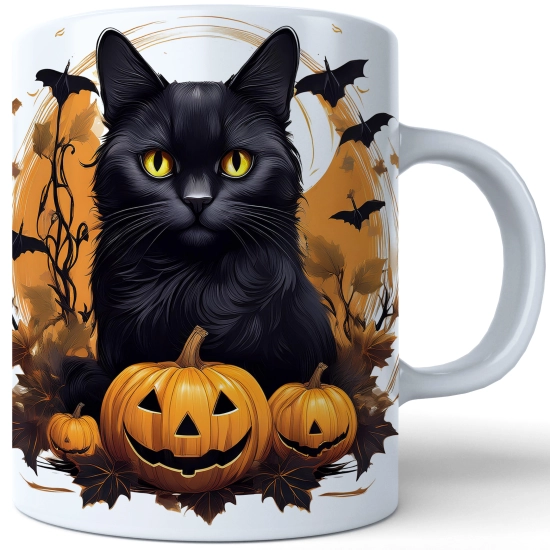 HALLOWEENOWY KUBEK 330ml NA HERBATĘ KAWĘ NA PREZENT CZARNY KOT NIETOPERZE