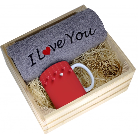 KOMPLET PREZENT KUBEK RĘCZNIK SKRZYNKA WALENTYNKI