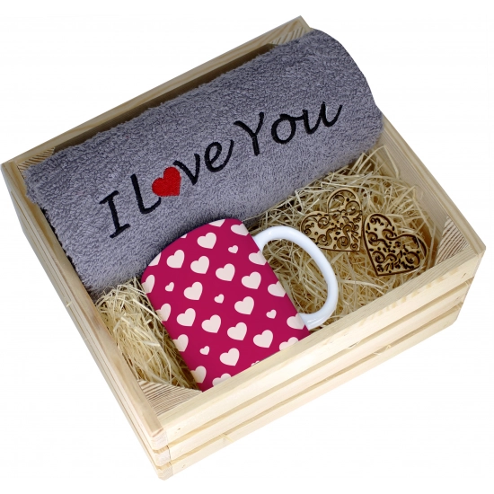 KOMPLET PREZENT KUBEK RĘCZNIK SKRZYNKA WALENTYNKI