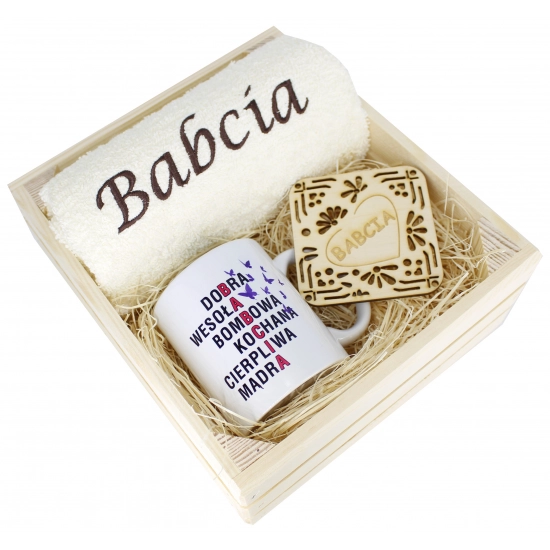 SUPER PREZENT DLA BABCI RĘCZNIK + KUBEK SKRZYNKA