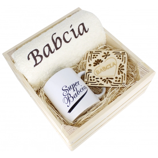 SUPER PREZENT DLA BABCI RĘCZNIK + KUBEK SKRZYNKA