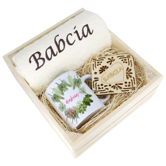 SUPER PREZENT DLA BABCI RĘCZNIK + KUBEK SKRZYNKA