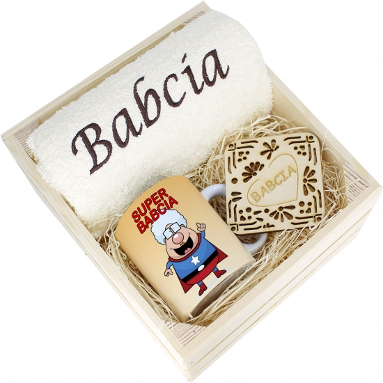 SUPER PREZENT DLA BABCI RĘCZNIK + KUBEK SKRZYNKA
