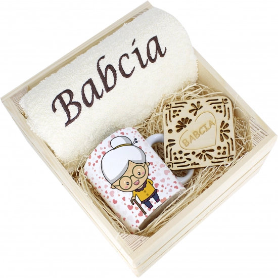 SUPER PREZENT DLA BABCI RĘCZNIK + KUBEK SKRZYNKA