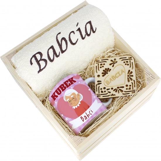 SUPER PREZENT DLA BABCI RĘCZNIK + KUBEK SKRZYNKA
