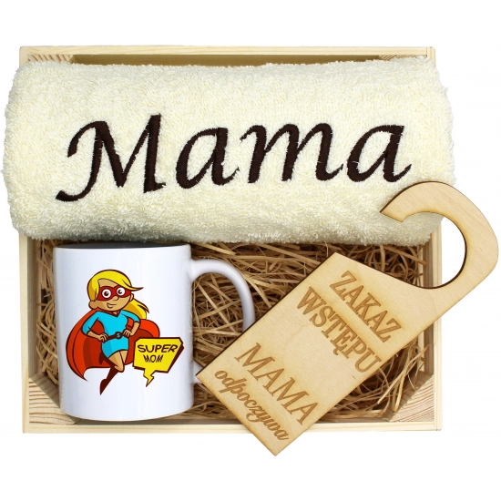 KOMPLET DLA MAMY RĘCZNIK Z HAFTEM + KUBEK 330ml NA PREZENT DZIEŃ MATKI MAMA