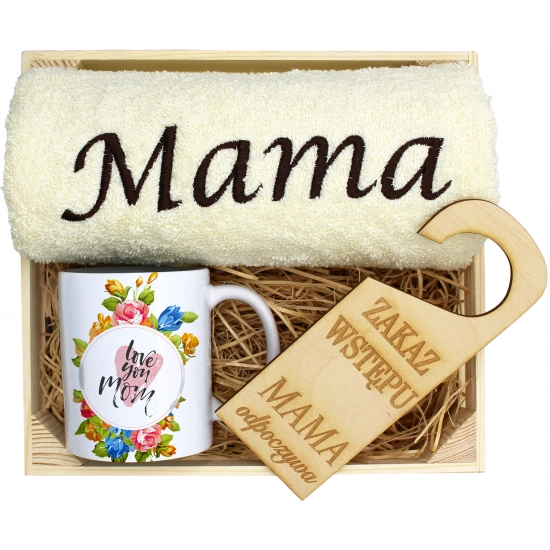 KOMPLET DLA MAMY RĘCZNIK Z HAFTEM + KUBEK 330ml NA PREZENT DZIEŃ MATKI MAMA