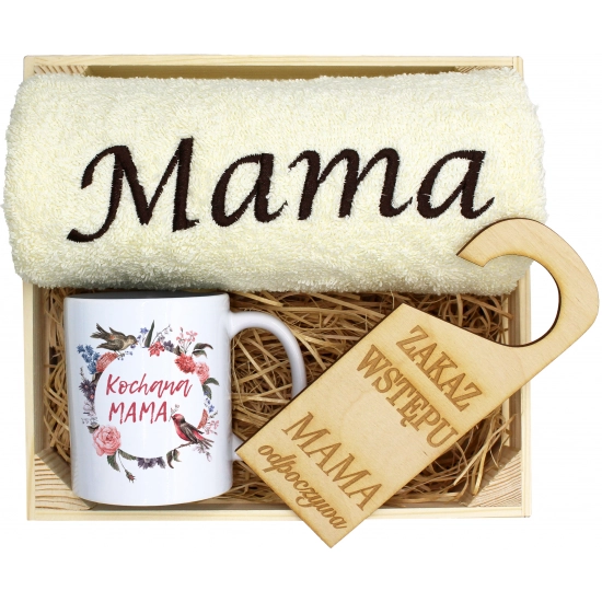 KOMPLET DLA MAMY RĘCZNIK Z HAFTEM + KUBEK 330ml NA PREZENT DZIEŃ MATKI MAMA