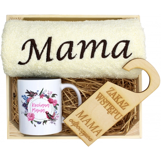 KOMPLET DLA MAMY RĘCZNIK Z HAFTEM + KUBEK 330ml NA PREZENT DZIEŃ MATKI MAMA