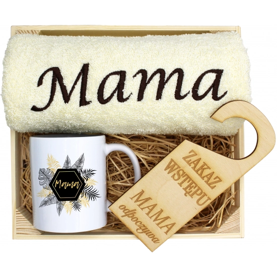 KOMPLET DLA MAMY RĘCZNIK Z HAFTEM + KUBEK 330ml NA PREZENT DZIEŃ MATKI MAMA
