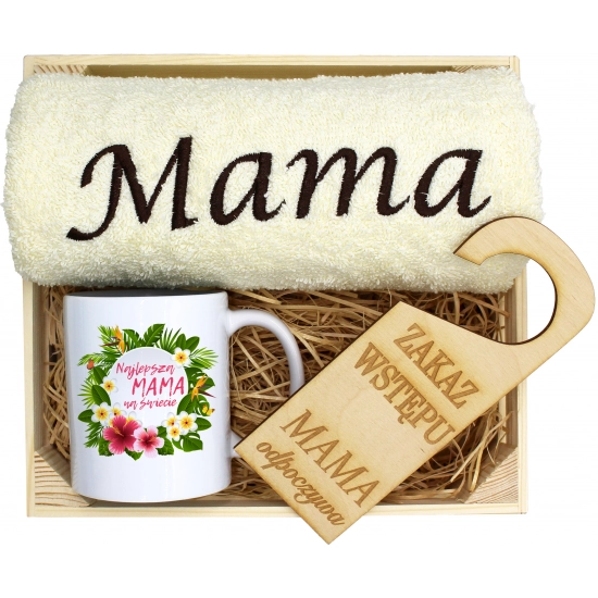 KOMPLET DLA MAMY RĘCZNIK Z HAFTEM + KUBEK 330ml NA PREZENT DZIEŃ MATKI MAMA