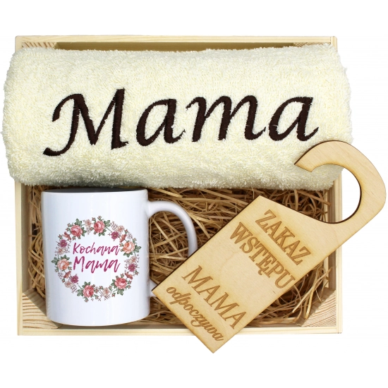 KOMPLET DLA MAMY RĘCZNIK Z HAFTEM + KUBEK 330ml NA PREZENT DZIEŃ MATKI MAMA