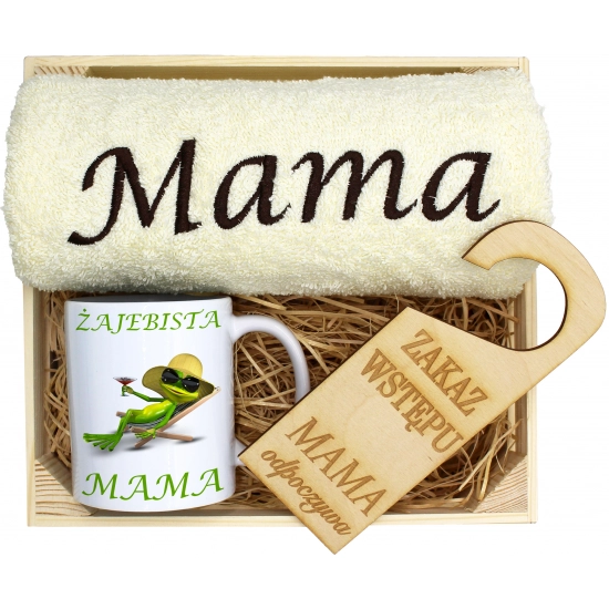 KOMPLET DLA MAMY RĘCZNIK Z HAFTEM + KUBEK 330ml NA PREZENT DZIEŃ MATKI MAMA
