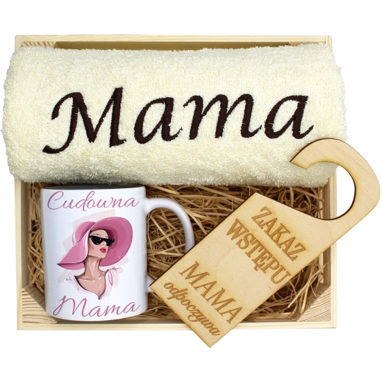 KOMPLET DLA MAMY RĘCZNIK Z HAFTEM + KUBEK 330ml NA PREZENT DZIEŃ MATKI MAMA