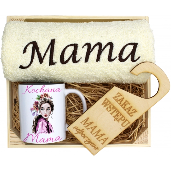 KOMPLET DLA MAMY RĘCZNIK Z HAFTEM + KUBEK 330ml NA PREZENT DZIEŃ MATKI MAMA