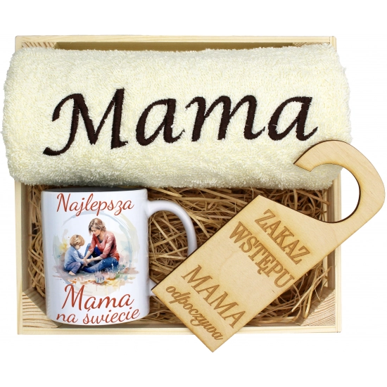 KOMPLET DLA MAMY RĘCZNIK Z HAFTEM + KUBEK 330ml NA PREZENT DZIEŃ MATKI MAMA