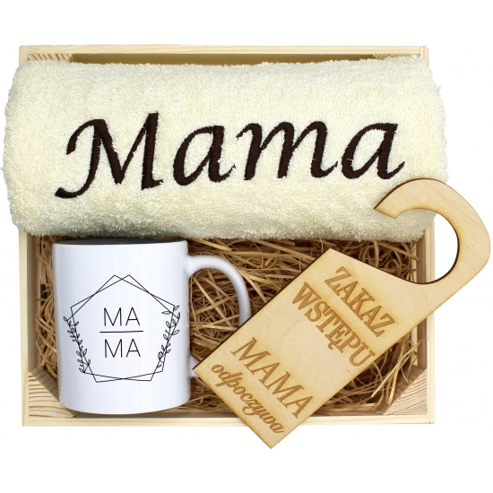 KOMPLET DLA MAMY RĘCZNIK Z HAFTEM + KUBEK 330ml NA PREZENT DZIEŃ MATKI MAMA