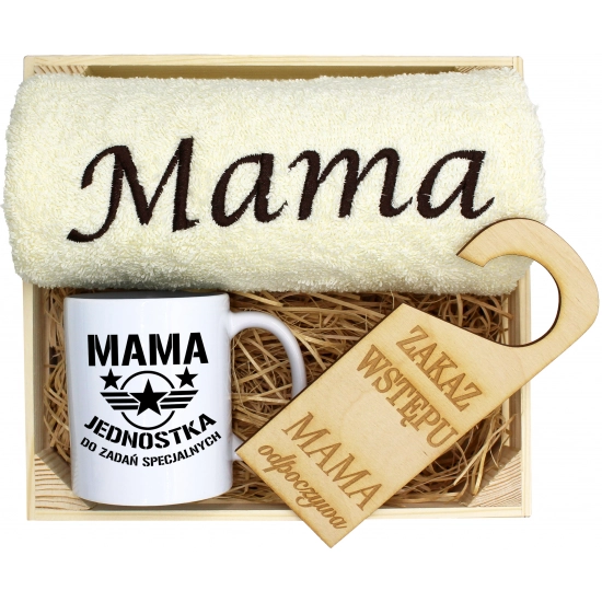 KOMPLET DLA MAMY RĘCZNIK Z HAFTEM + KUBEK 330ml NA PREZENT DZIEŃ MATKI MAMA
